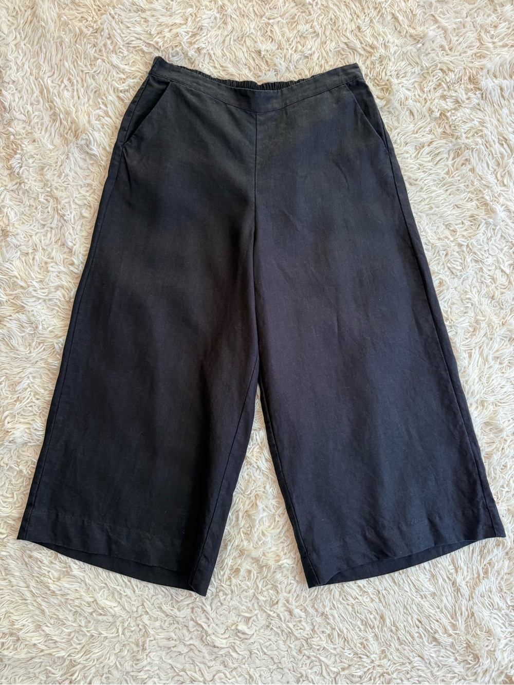 Chico’s Black 100% Linen Wide Leg Crop Pants Pull On Elastic Waist Size 2 12
